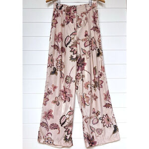 Rachel Zoe Floral Velvet Trouser Pants Wide Leg High Rise Elastic Blush Pink S